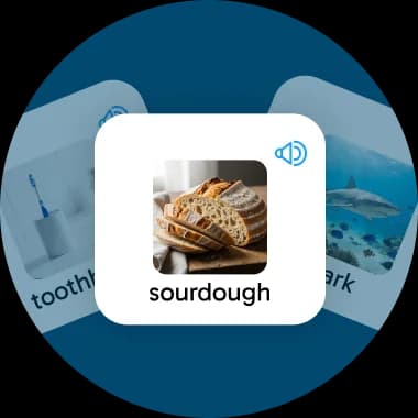 A flashcard featuring a photo of sourdough bread with the word 'sourdough' labeled beneath it, part of a visual vocabulary learning set